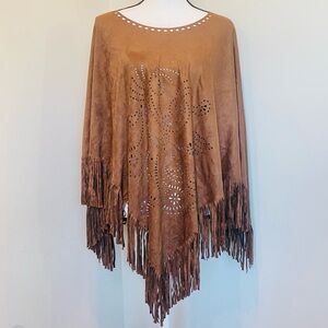 CATO FAUX SUEDE LASER CUT FRINGE PONCHO in Cognac One Size Southwestern Cowgirl